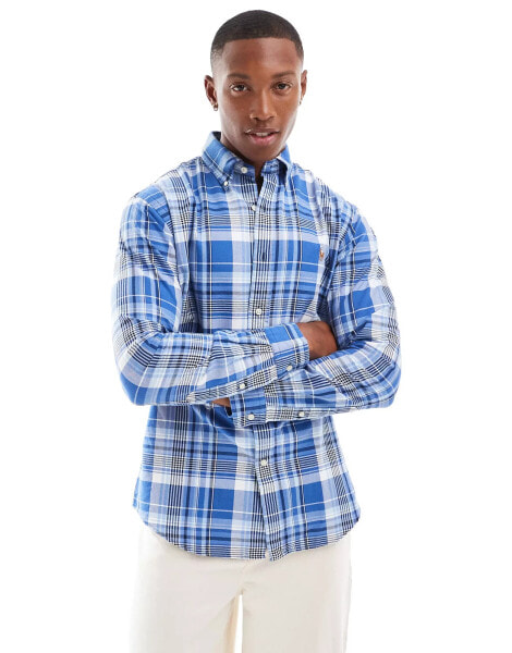 Polo Ralph Lauren icon logo multi check oxford shirt custom fit in blue