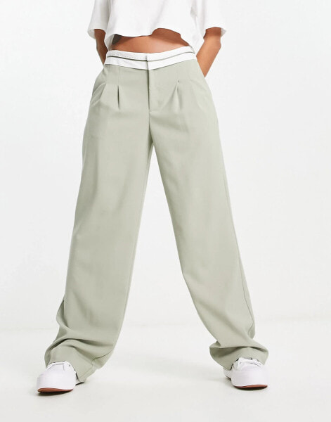 Pull&Bear fold over waistband tailored trousers in sage