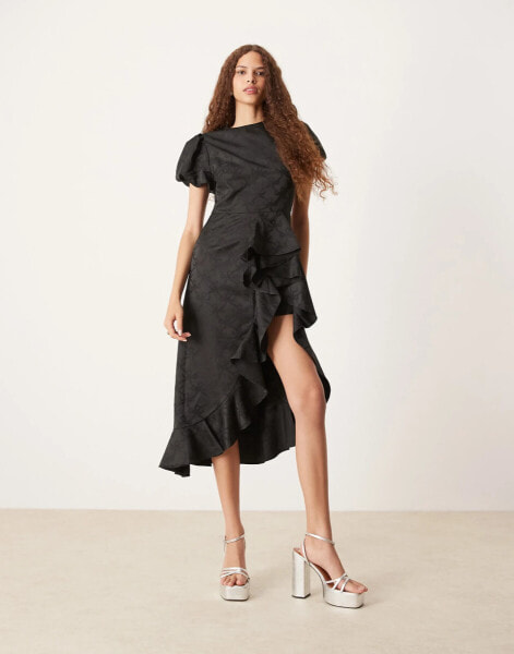 Sister Jane asymmetric ruffle midi dress in black