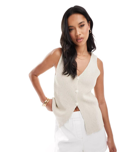 ASOS DESIGN knitted longline v waistcoat in stone