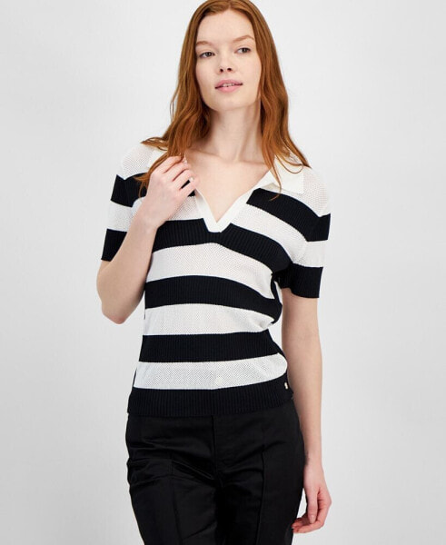 Women's Striped Mixed-Media Split-Neck