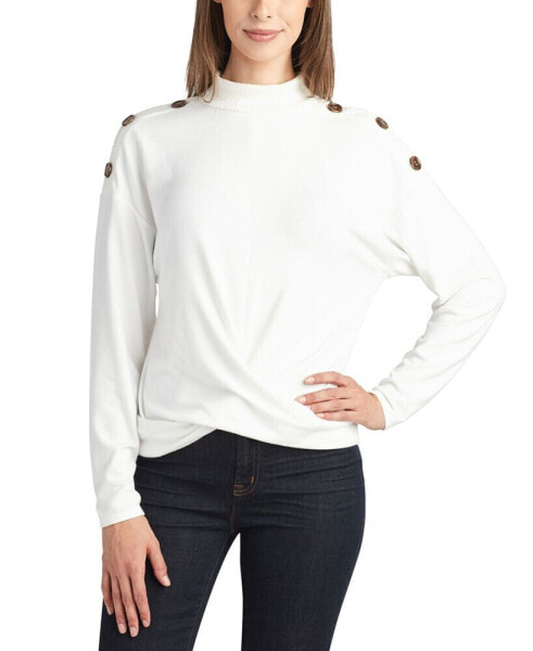 Juniors' Mock Neck Ribbed-Trim Crossover-Hem Sweater