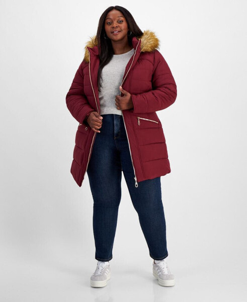 Plus-Size Belted Faux-Fur-Hooded Puffer Coat