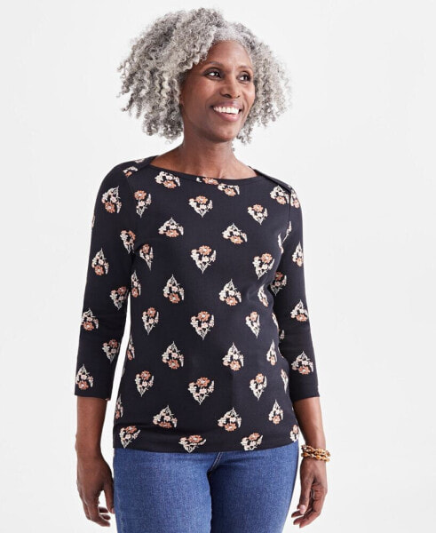 Women's Printed Pima Cotton 3/4-Sleeve Top, Created for Macy's