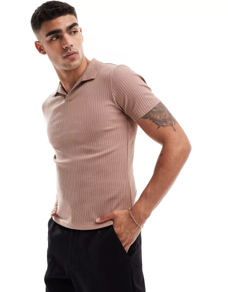 ASOS DESIGN muscle fit ribbed revere polo in brown