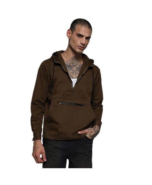 Men's Brown Half-Zip Utility Jacket With Contrast Drawstring