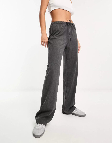 Pull&Bear tie waist straight leg trouser in dark grey