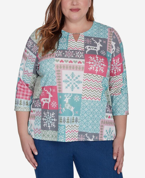 Plus Size Classic Reindeer Patchwork Top