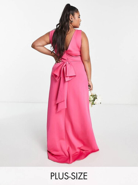 TFNC Plus Bridesmaid bow back maxi dress in fuchsia pink