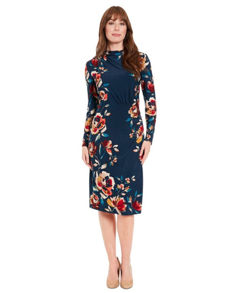 Petite Floral Draped-Neck Ruched Dress