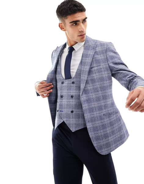 Harry Brown check skinny fit suit jacket in light blue