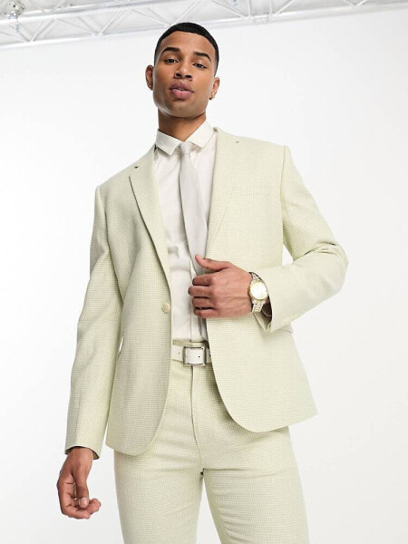 ASOS DESIGN slim suit jacket in linen in puppytooth in green