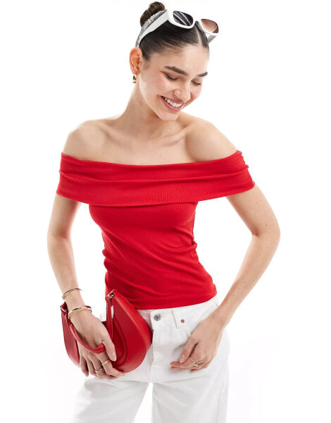 Stradivarius fold over seamless bardot top in red