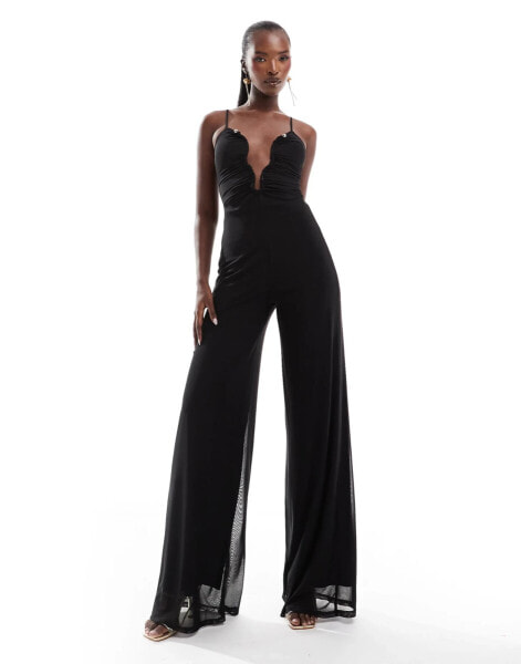 ASOS DESIGN mesh cami wide leg jumpsuit with curvy neckline in black