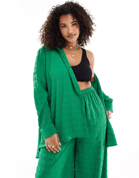 Esmee Curve textured long sleeve beach shirt co-ord in green