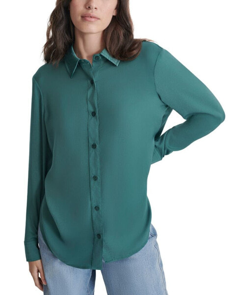 Petite Buttoned-Cuff Fold-Collar Blouse