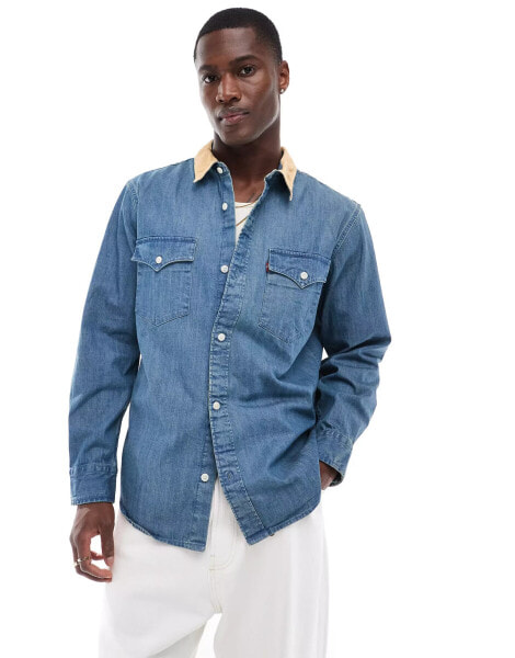 Levi's contrast collar relaxed fit western denim shirt in mid blue