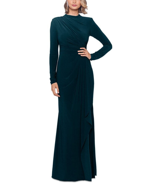 Petite Mock-Neck Long-Sleeve Ruffle Gown