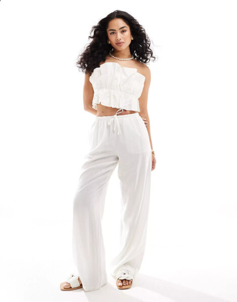 Bershka tie waist wide leg linen trousers in white