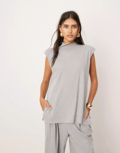 ASOS EDITION jersey rib shoulder pad longline top co-ord in grey