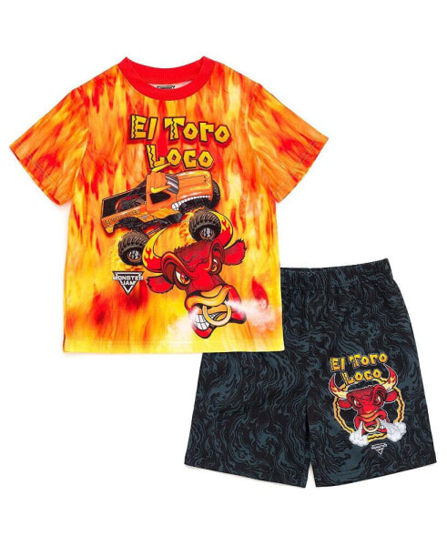 Boys Pullover Pajama Shirt and Shorts Sleep Set to Grave Digger El Toro Loco Megalodon