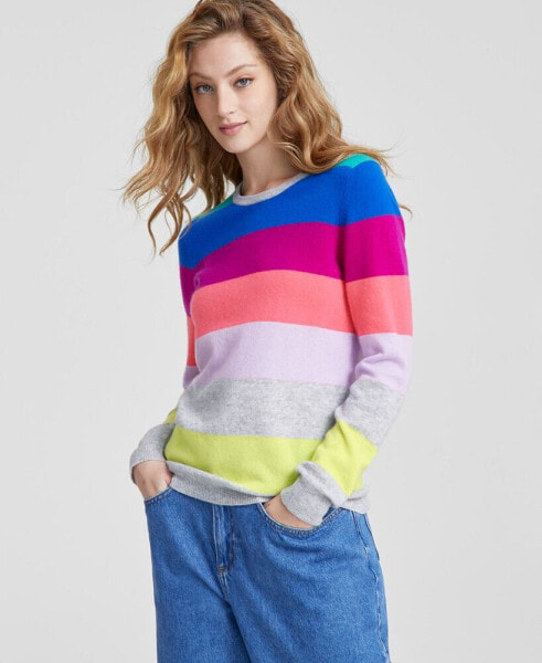 Women's 100% Cashmere Striped Crewneck Sweater, Regular & Petites, Created for Macy's