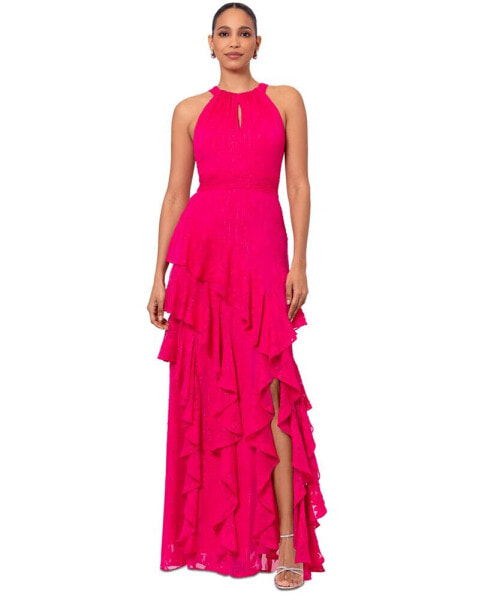 Petite Chiffon Ruffled Halter Gown