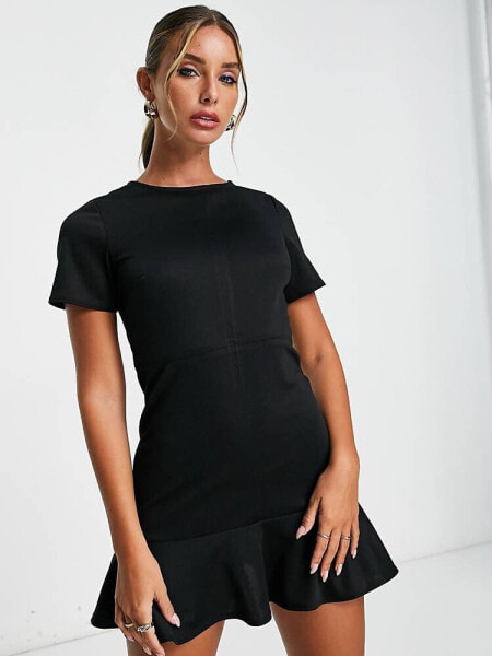 ASOS DESIGN short sleeve ponte mini dress with pep hem in black 