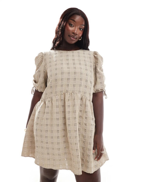 ASOS DESIGN Curve ruched sleeve smock mini in natural check print