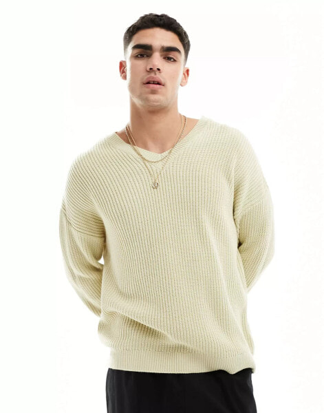 ASOS DESIGN oversized knitted fisherman rib jumper with v-neck in oatmeal