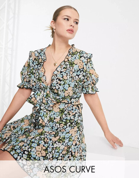 ASOS DESIGN Curve tie front mini dress with ruffle skirt in floral print