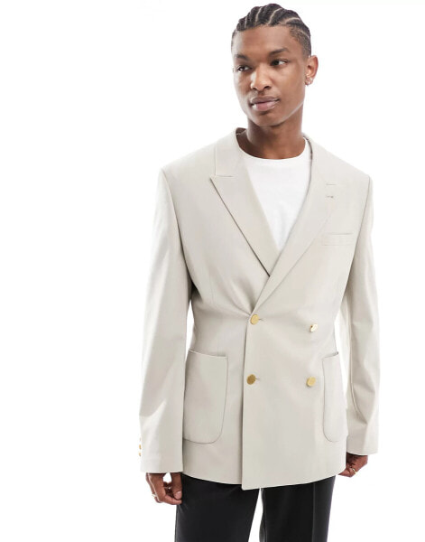 ASOS DESIGN wedding skinny blazer with gold buttons in stone