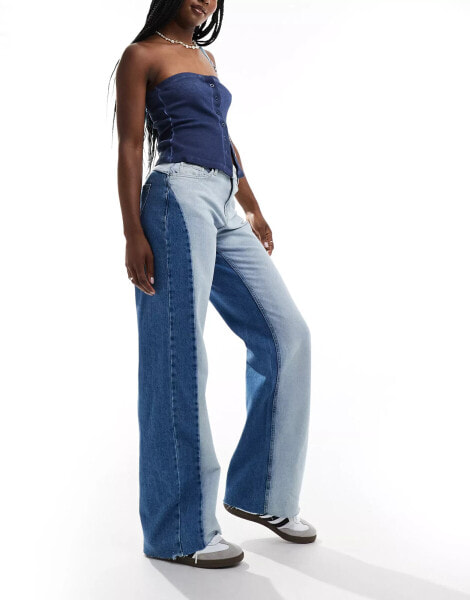 Noisy May colourblock wide leg jean in mid wash