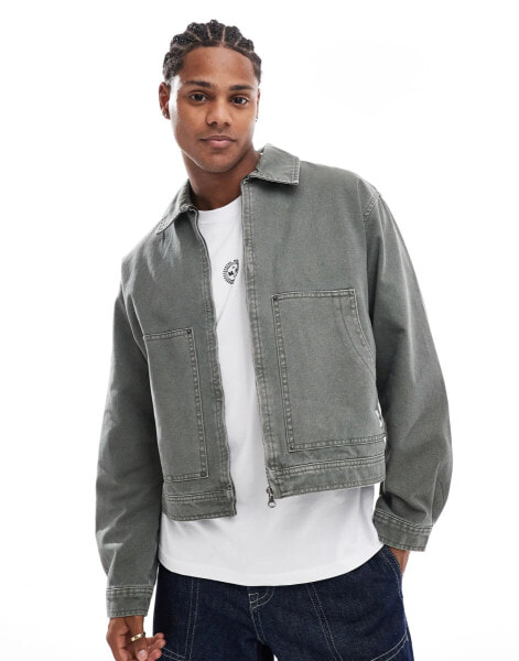 Pull&Bear washed denim worker jacket in khaki