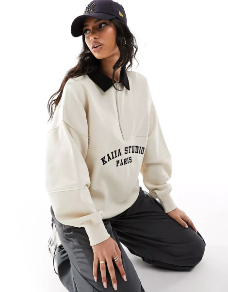 Kaiia studio Paris contrast collar half zip sweatshirt in cream