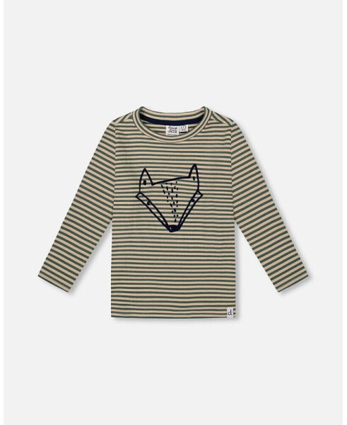 Big Boys Super Soft Striped T-Shirt With Print Green And Beige