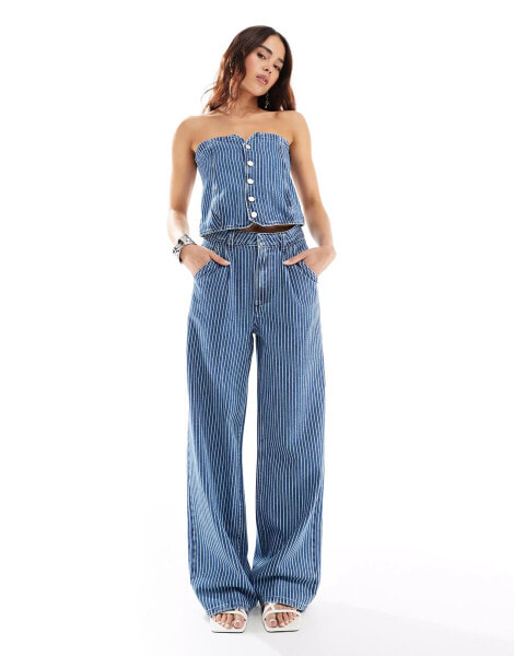 ASOS DESIGN wide leg dad jeans in mid blue pinstripe co-ord