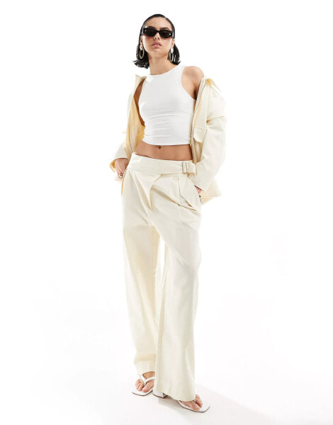 Mango linen mix buckle detail co-ord trousers in white