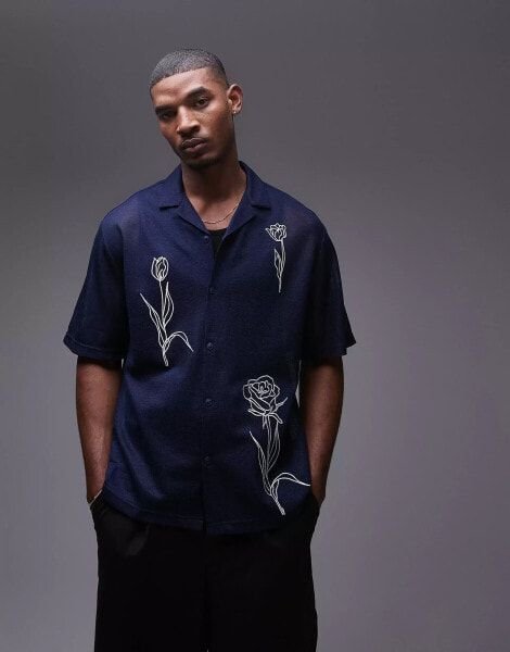 Topman short sleeve embroidered floral shirt in navy