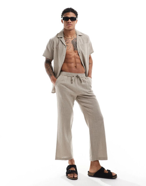 South Beach textured weave beach trouser co-ord In brown