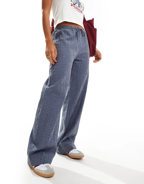 Pull&Bear button waist wide leg trouser in blue check