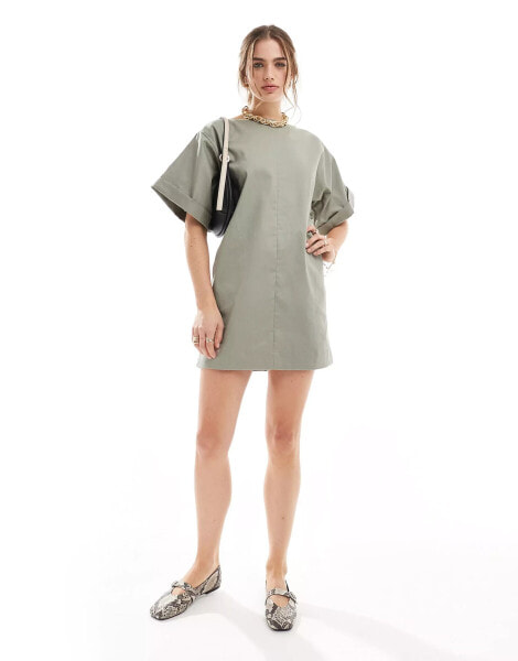 ASOS DESIGN twill boxy t-shirt mini dress in green