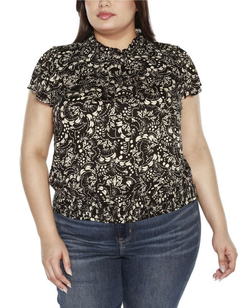 Black Label Plus Size Embellished Printed Cap-Sleeve Blouse