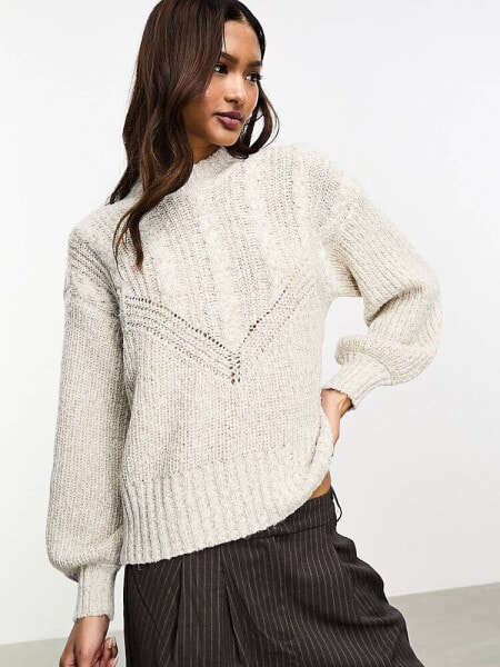 Object cable knit puff sleeve jumper in mottle beige melange