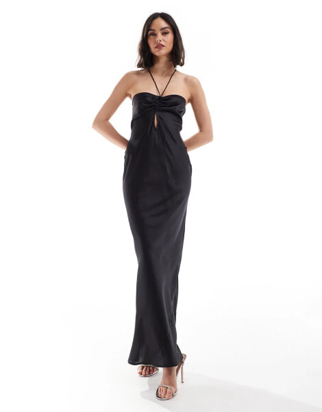 ASOS DESIGN satin halter neck maxi dress with gathered bust and keyhole split in black