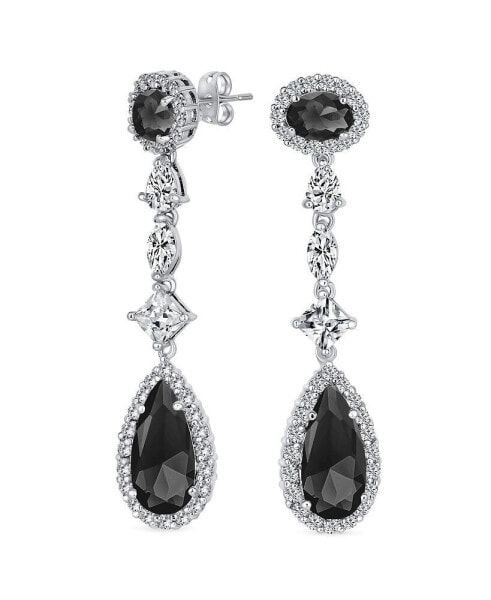 Black Cubic Zirconia Halo Long Pear Solitaire Teardrop CZ Statement Dangle Chandelier Earrings Pageant Party