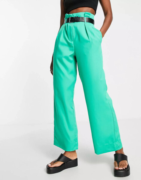 Vero Moda high waisted belted trousers in bright green