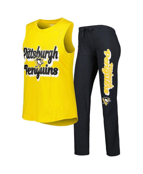 Женская пижама Concepts Sport Womens Gold, Heather Black Pittsburgh Penguins Meter Muscle Tank Top and Pants Sleep Set