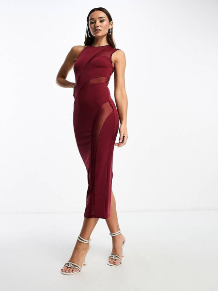 ASOS DESIGN asymmetric cut out mesh midi dress in red