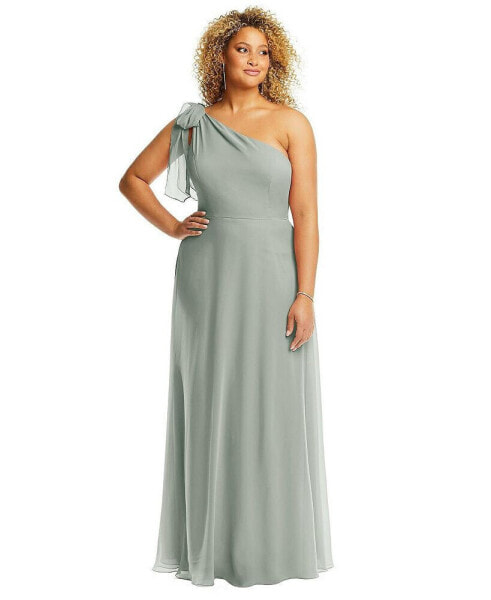 Plus Size Draped One-Shoulder Maxi Dress with Scarf Bow